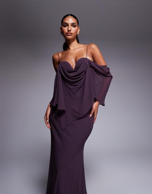 ASOS DESIGN – Doppellagiges, asymmetrisches Maxikleid in Pflaume aus Chiffon mit drapiertem Körbchen-Detail, 2 von 4