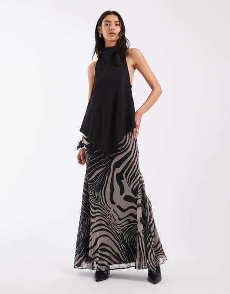 ASOS DESIGN doppellagiges Chiffon-Maxikleid mit hohem Kragen im Zebra-Muster - view 1