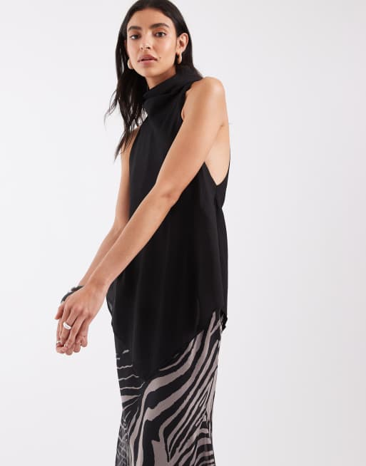 ASOS DESIGN doppellagiges Chiffon-Maxikleid mit hohem Kragen im Zebra-Muster, 2 von 4