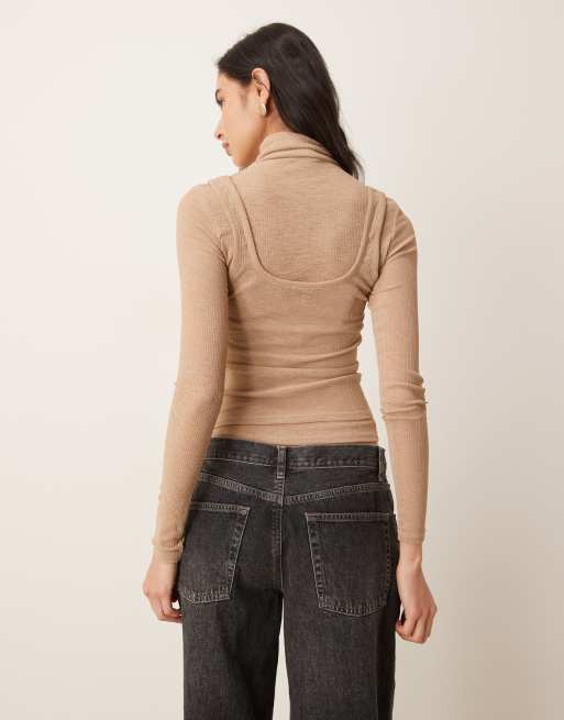 ASOS DESIGN – Doppellagiges, langärmliges und durchscheinendes Oberteil in Beige mit Stehkragen, 4 von 4