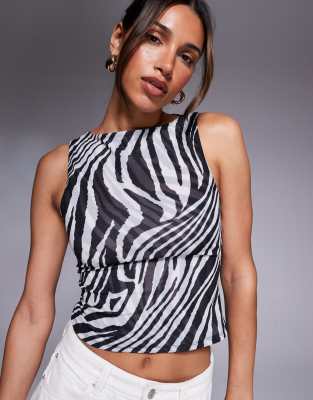 ASOS DESIGN - Doppellagiges Netzstoff-Top mit U-Boot-Ausschnitt und Zebramuster-Bunt