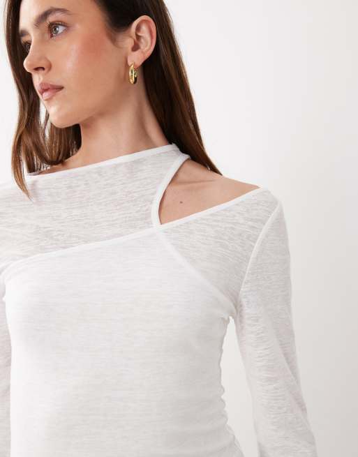 ASOS DESIGN doppellagiges, transparentes Langarmoberteil in Ecru, 3 von 4
