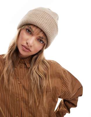 ASOS DESIGN - Doppelt aufgerollte, dicke Strickmütze in Keksbeige-Brown