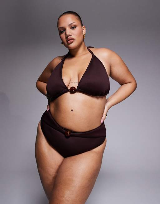 ASOS DESIGN – Dora – Premium – Brun bikiniunderdel med hög midja, hög benskärning, skärp och stor pärla, 2 av 4