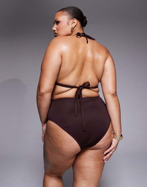 ASOS DESIGN – Dora – Premium – Brun bikiniunderdel med hög midja, hög benskärning, skärp och stor pärla, 3 av 4
