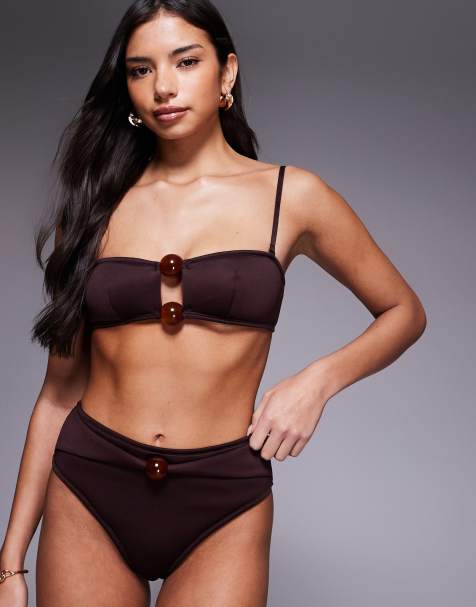 ASOS DESIGN Dora premium crop bikini top with jumbo bead in chocolate