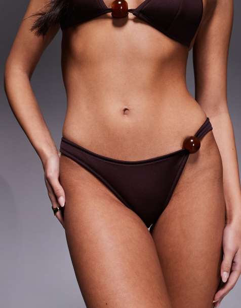 ASOS DESIGN Dora premium Ibiza high leg cheeky brazilian bikini bottoms with jumbo bead in chocolate - view 1