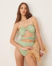 ASOS DESIGN Petite seersucker scoop swimsuit with giant bow back detail in blue gingham