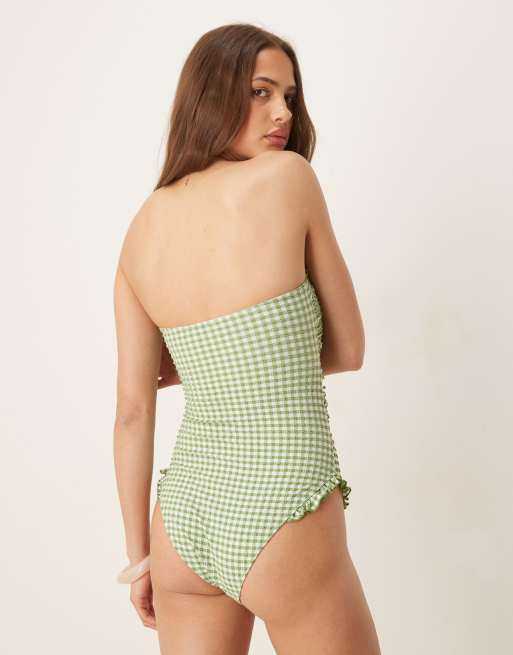 ASOS DESIGN Dorothy cut-out bandeau swimsuit green gingham