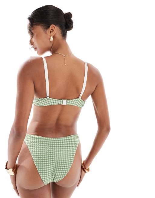ASOS DESIGN Dorothy high leg bikini bottoms in green gingham, 3 of 4