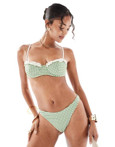ASOS DESIGN Dorothy high leg bikini bottom in green gingham