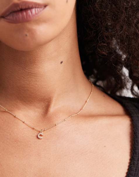 ASOS DESIGN dot-dash necklace with cubic zirconia C initial pendant in gold tone with gift bag - view 1