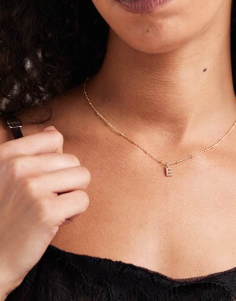 ASOS DESIGN dot-dash necklace with cubic zirconia E initial pendant in gold tone with gift bag - view 1