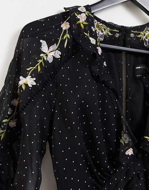 ASOS DESIGN dot print mini dress with collar and embroidery detail ASOS DESIGN dot print mini dress with collar and embroidery detail