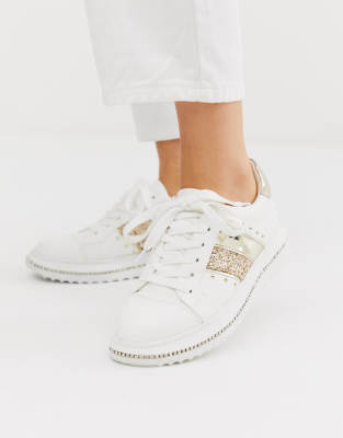 ASOS DESIGN - Dote - Sneakers bianche e oro champagne con strass e suola  spessa | ASOS