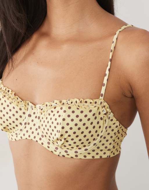 ASOS DESIGN Dottie balconette underwire bikini top with frill detailing in lemon polka-dot print, 2 of 4