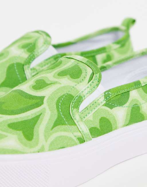 ASOS DESIGN Dotty slip on canvas shoes in green heart print, 3 of 4