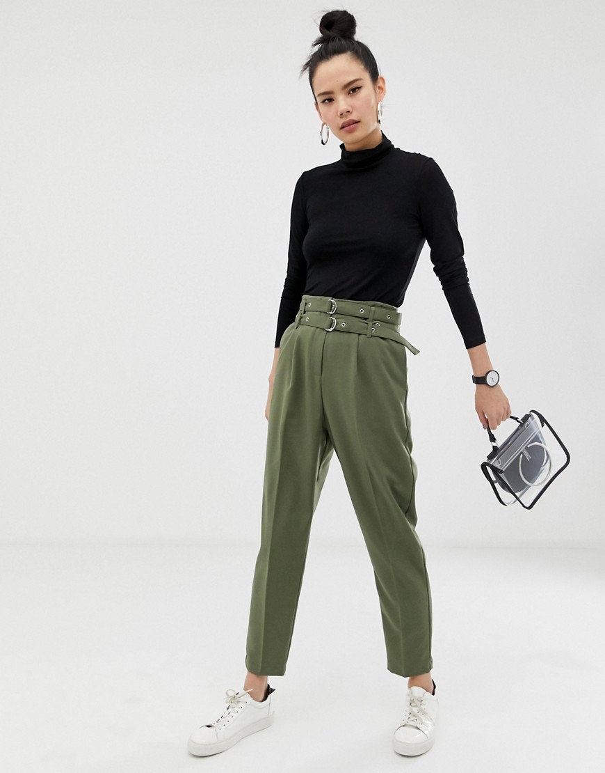 ASOS DESIGN double belt & hardware tapered trousers-Green