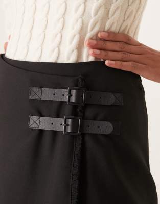Asos Design Double Belt Wrap Raw Edge Tailored Skirt In Black