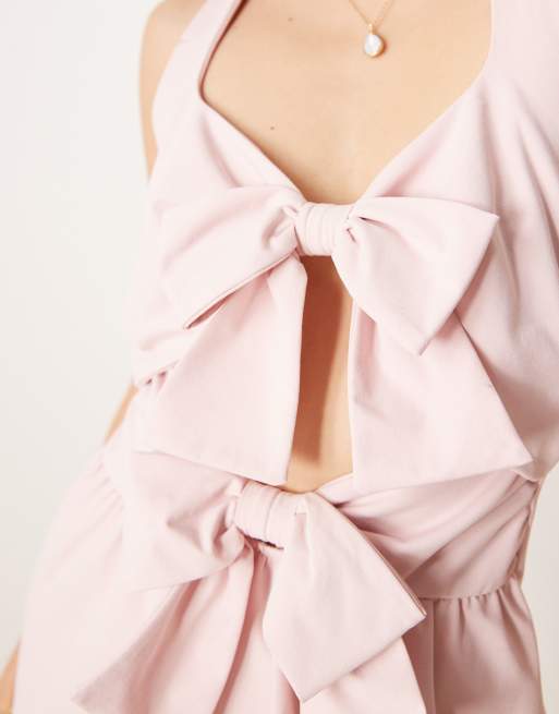 ASOS Design double bow front halter mini dress in baby pink