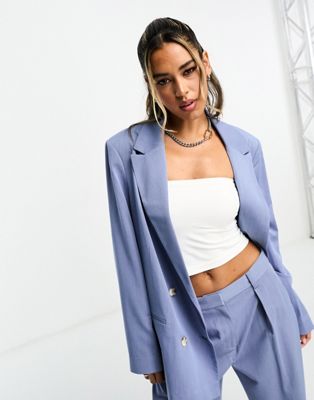 Asos Design Double Breasted Blazer In Blue Twill
