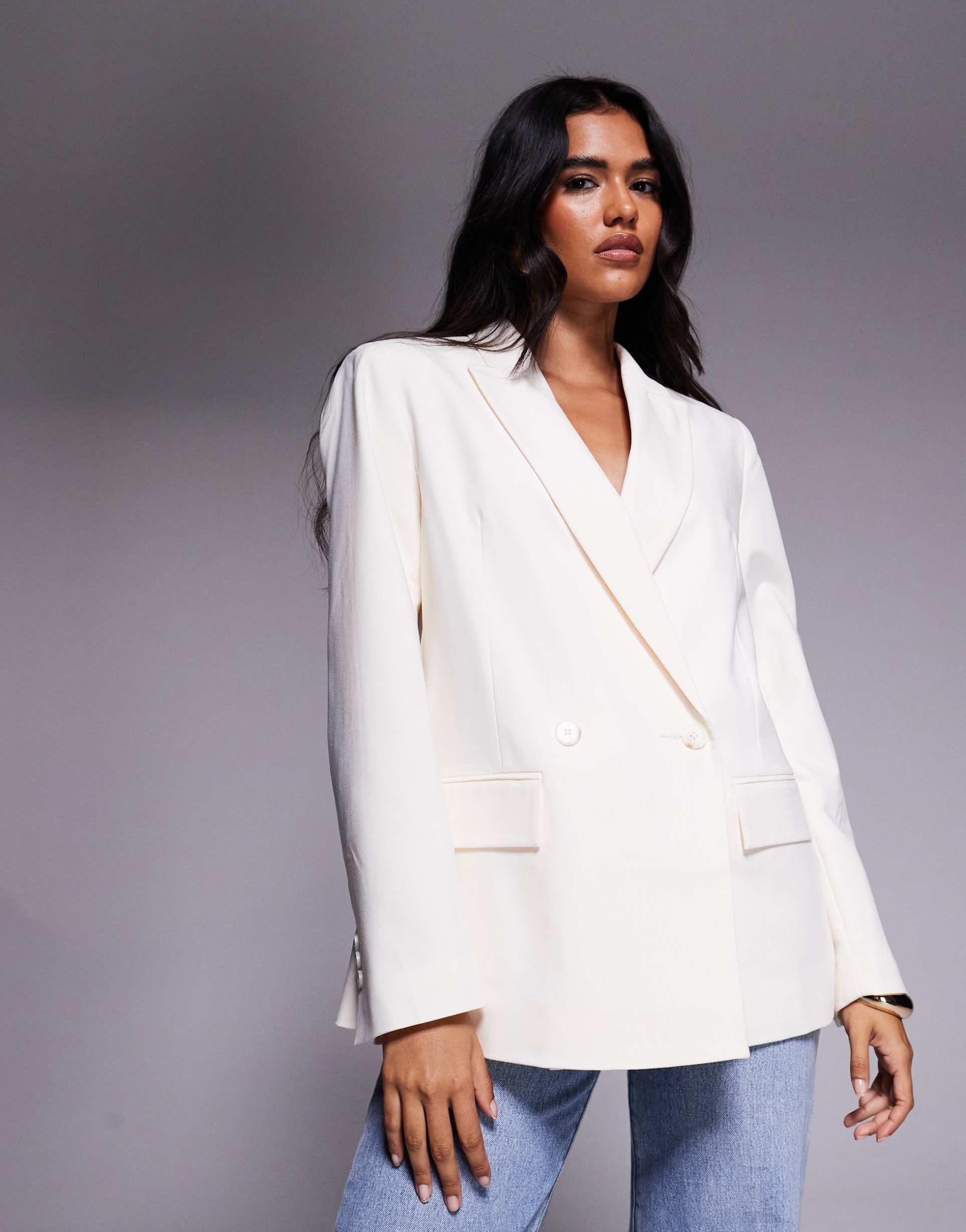 asos design double breasted blazer in cream