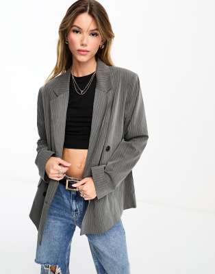 ASOS DESIGN double breasted blazer in grey pinstripe