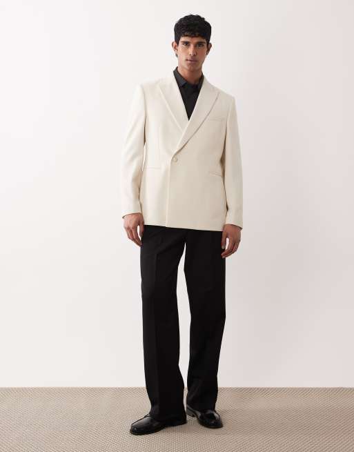ASOS DESIGN - Double breasted blazer met normale pasvorm en diepe overslag in crème, 2 van 5