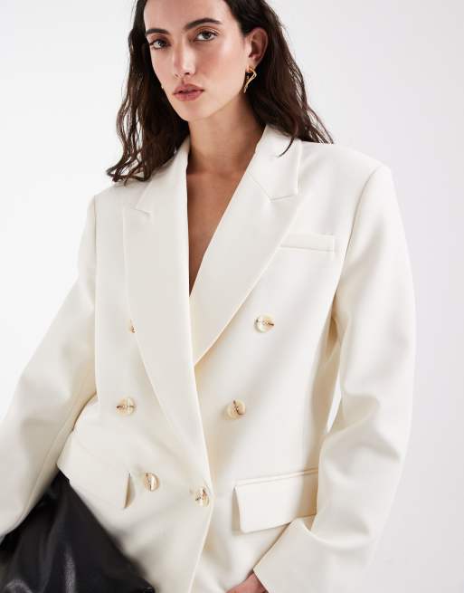ASOS DESIGN - Double breasted blazer met powerschouders in crème, 2 van 4