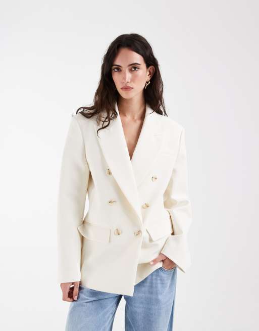 ASOS DESIGN - Double breasted blazer met powerschouders in crème, 3 van 4