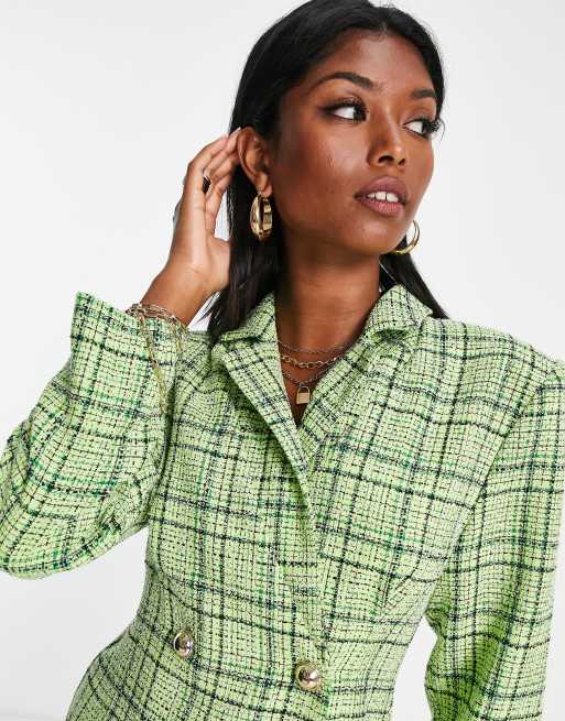 ASOS DESIGN double breasted blazer mini dress in green check boucle