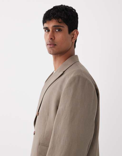 ASOS DESIGN double breasted boxy linen rich suit blazer in brown, 4 of 5