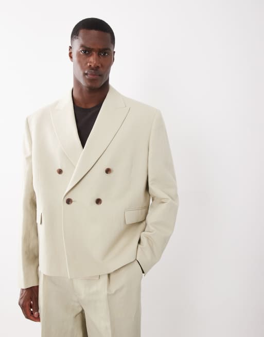 ASOS DESIGN double breasted boxy linen rich suit blazer in stone, 2 of 5