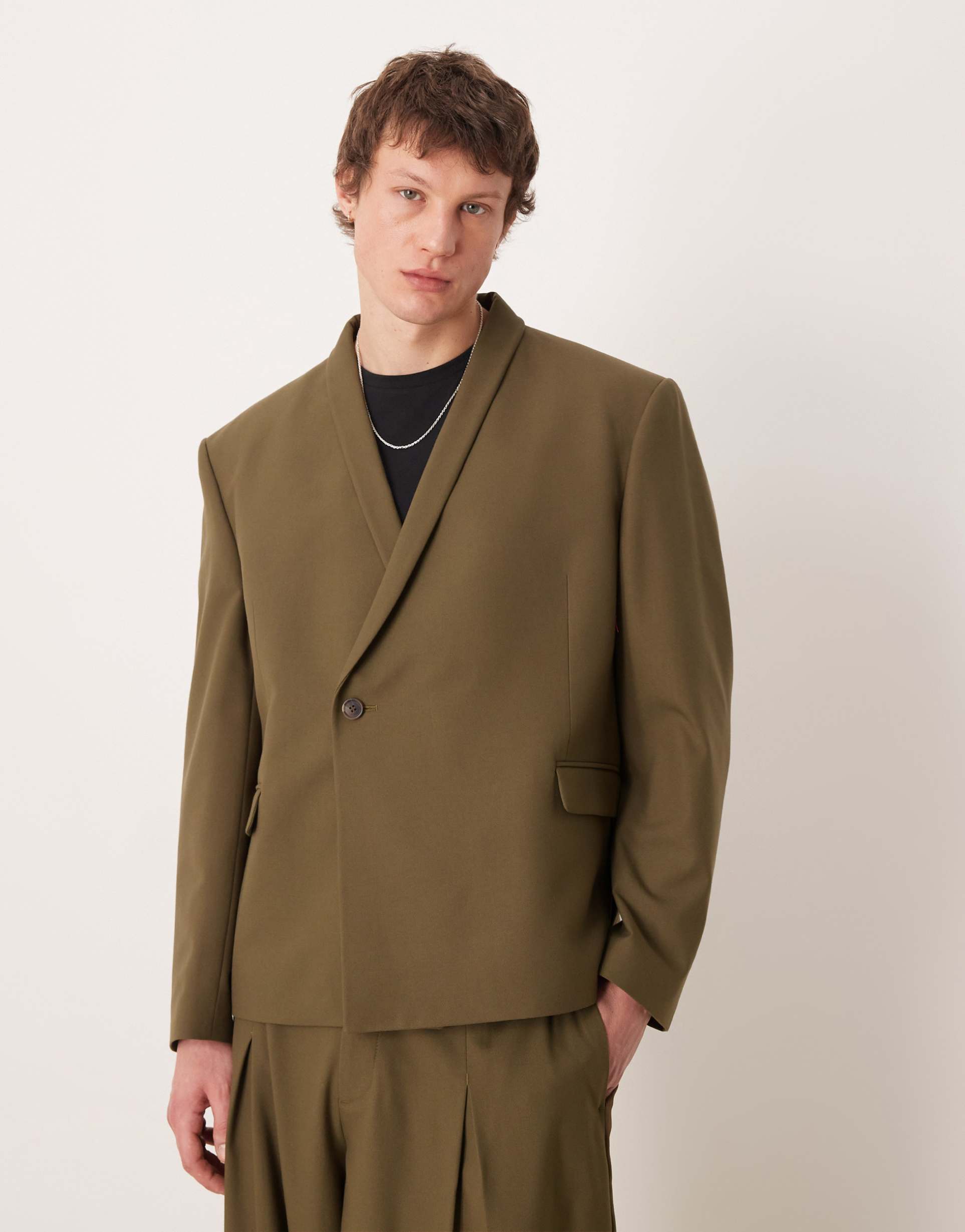 ASOS DESIGN double breasted boxy shawl wrap suit jacket in olive green twill