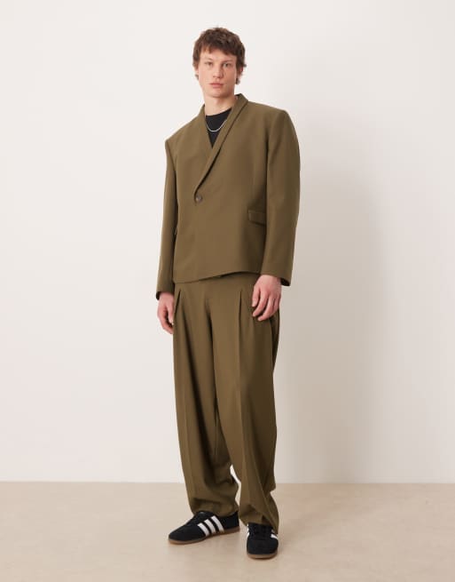 ASOS DESIGN double breasted boxy shawl wrap suit jacket in olive green twill, 2 of 5