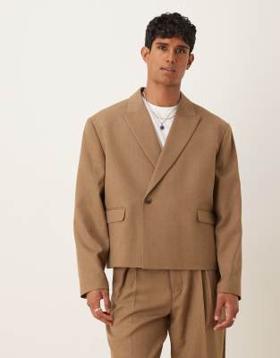 ASOS DESIGN double breasted boxy suit jacket in brown - view 1