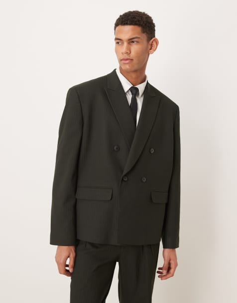 ASOS DESIGN double breasted boxy suit jacket in dark green pinstripe - view 1