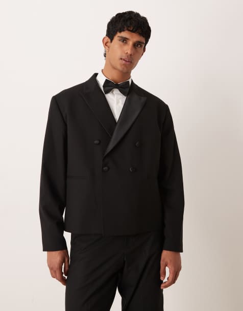 ASOS DESIGN double breasted boxy tuxedo suit jacket in black - view 1