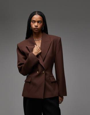 Asos Design Double Breasted Cinch Blazer In Brown