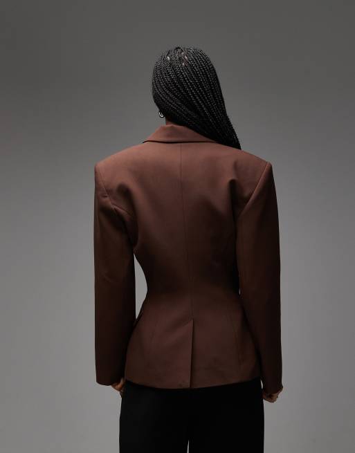 ASOS DESIGN double breasted cinch blazer in chocolate