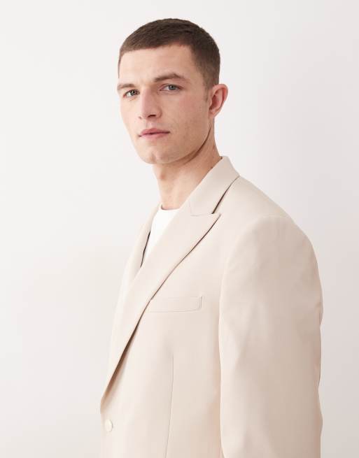 ASOS DESIGN - Double breasted colbert met normale pasvorm en overslag in beige, 3 van 5