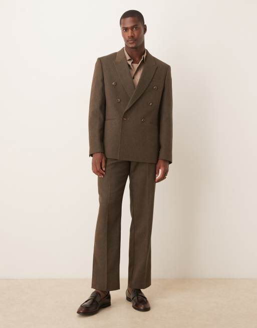 ASOS DESIGN - Double-breasted colbert met normale pasvorm van een wolmix in bruin visgraatmotief, 2 van 5