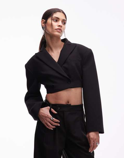 ASOS DESIGN double breasted crop boxy tuxedo blazer in black