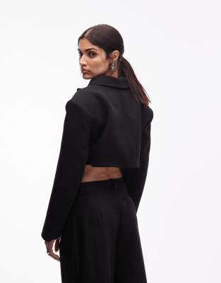 Asos Design Double Breasted Crop Boxy Tuxedo Blazer In Black