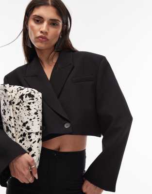 Asos Design Double Breasted Cropped Boxy Blazer With Shoulder Pads In Black