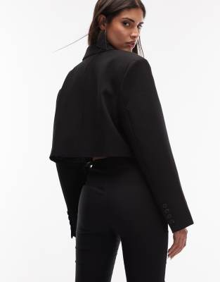 Asos Design Double Breasted Cropped Boxy Blazer With Shoulder Pads In Black