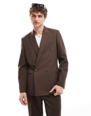 ASOS DESIGN double breasted herringbone suit jacket in brown