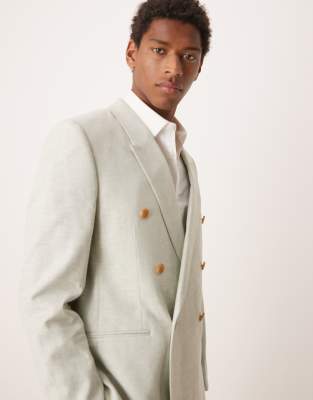 Asos Design Double Breasted Linen Blend Regular Suit Jacket In Green