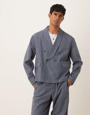 Asos Design Double Breasted Linen Boxy Suit Jacket In Blue