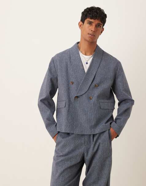 ASOS DESIGN double breasted linen boxy suit jacket in blue pinstripe - view 1